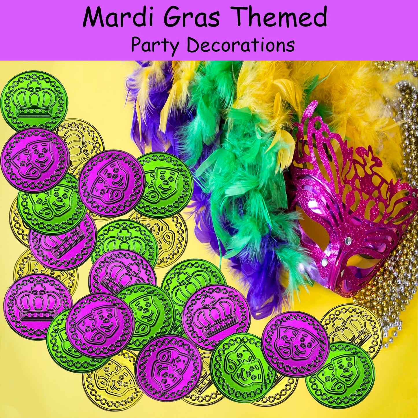 100 PCS Mardi Gras Coins Set-Assorted Green Purple Gold Mardi Gras Plastic Coins Set for Mardi Gras Theme Props Parade Table Decoration & Party Favors