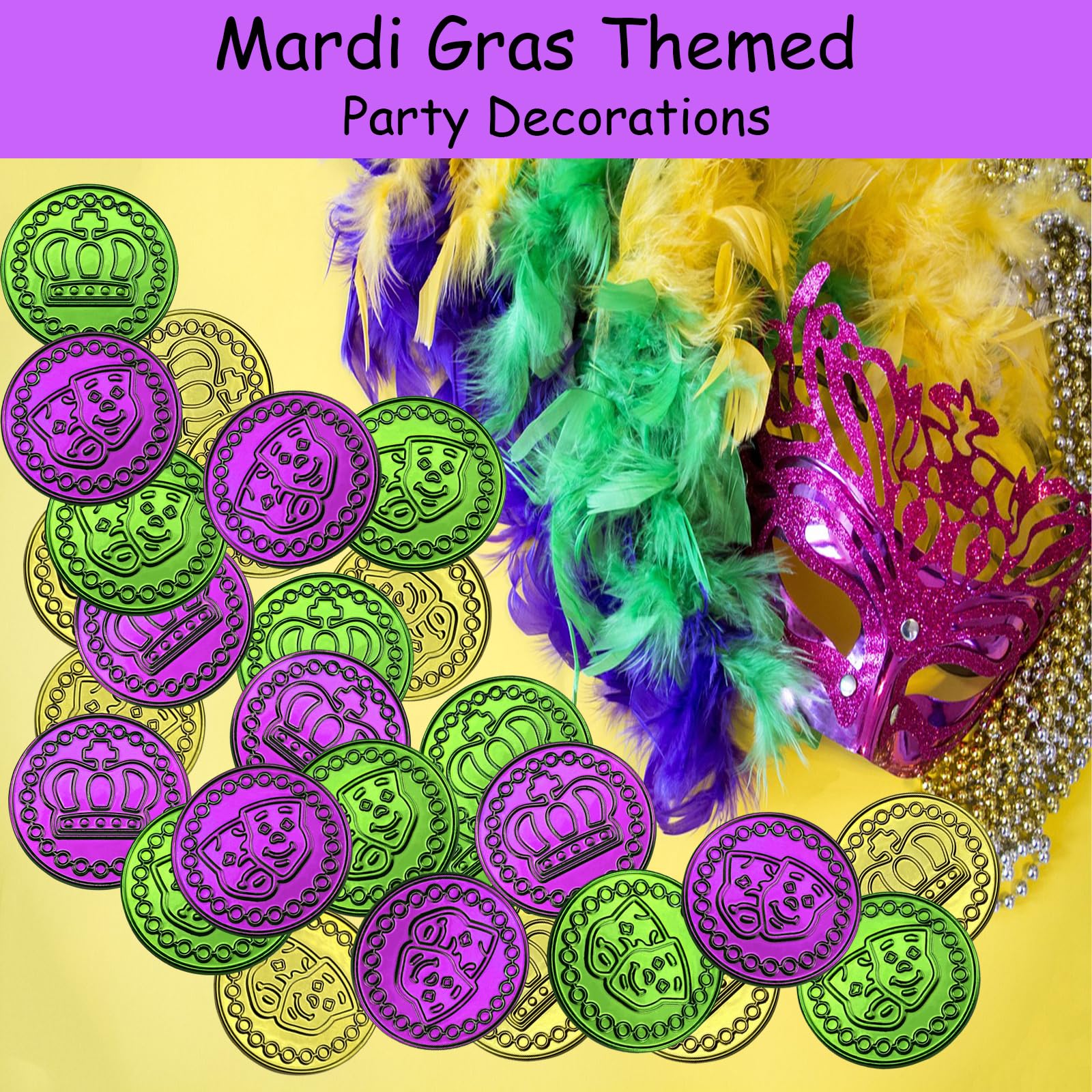 100 PCS Mardi Gras Coins Set-Assorted Green Purple Gold Mardi Gras Plastic Coins Set for Mardi Gras Theme Props Parade Table Decoration & Party Favors