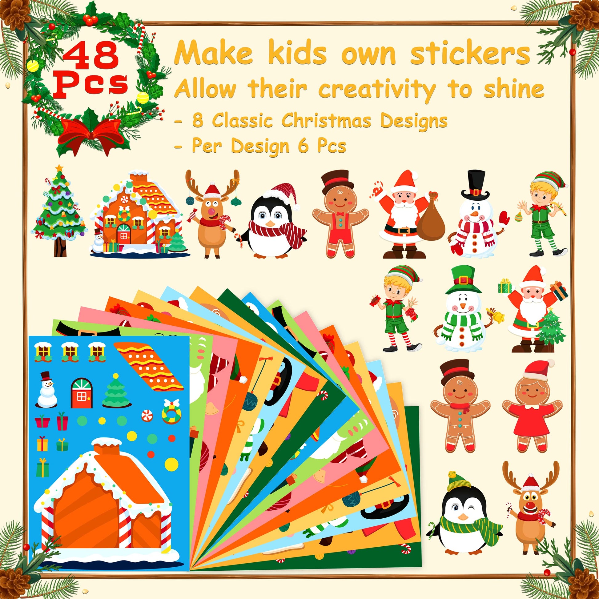 LINAYE 48 Sheets Christmas Stickers Crafts for Kids Toddlers, 8 Styles Make Your Own Stickers Goodie Treat Bag Stuffers Christmas Game Activities