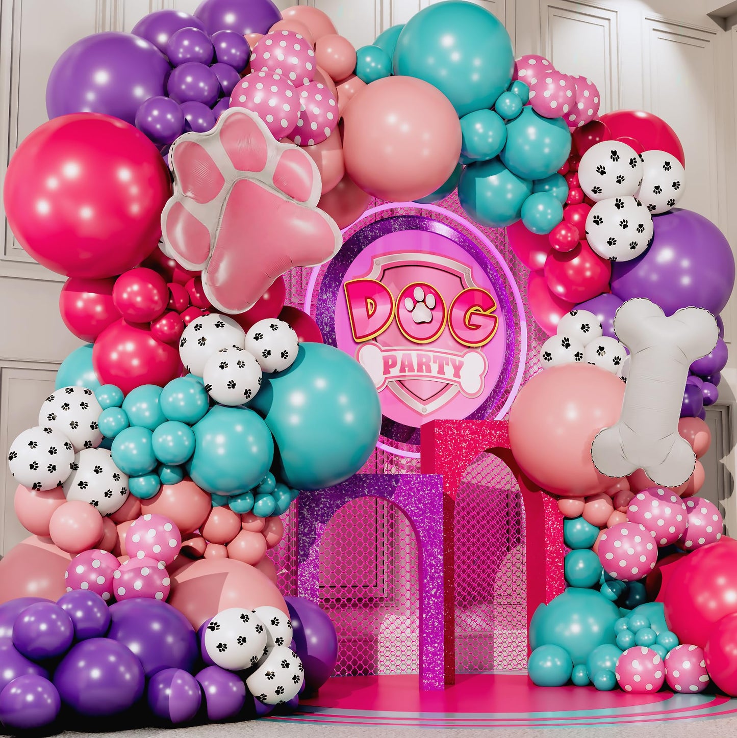 ALL-IN-1 Paw Balloon Garland Arch Kit with BONUS Bone & Paw Print Balloons - Pink Paw Balloons Girl for Paw Birthday Decorations Girl - Paw Party