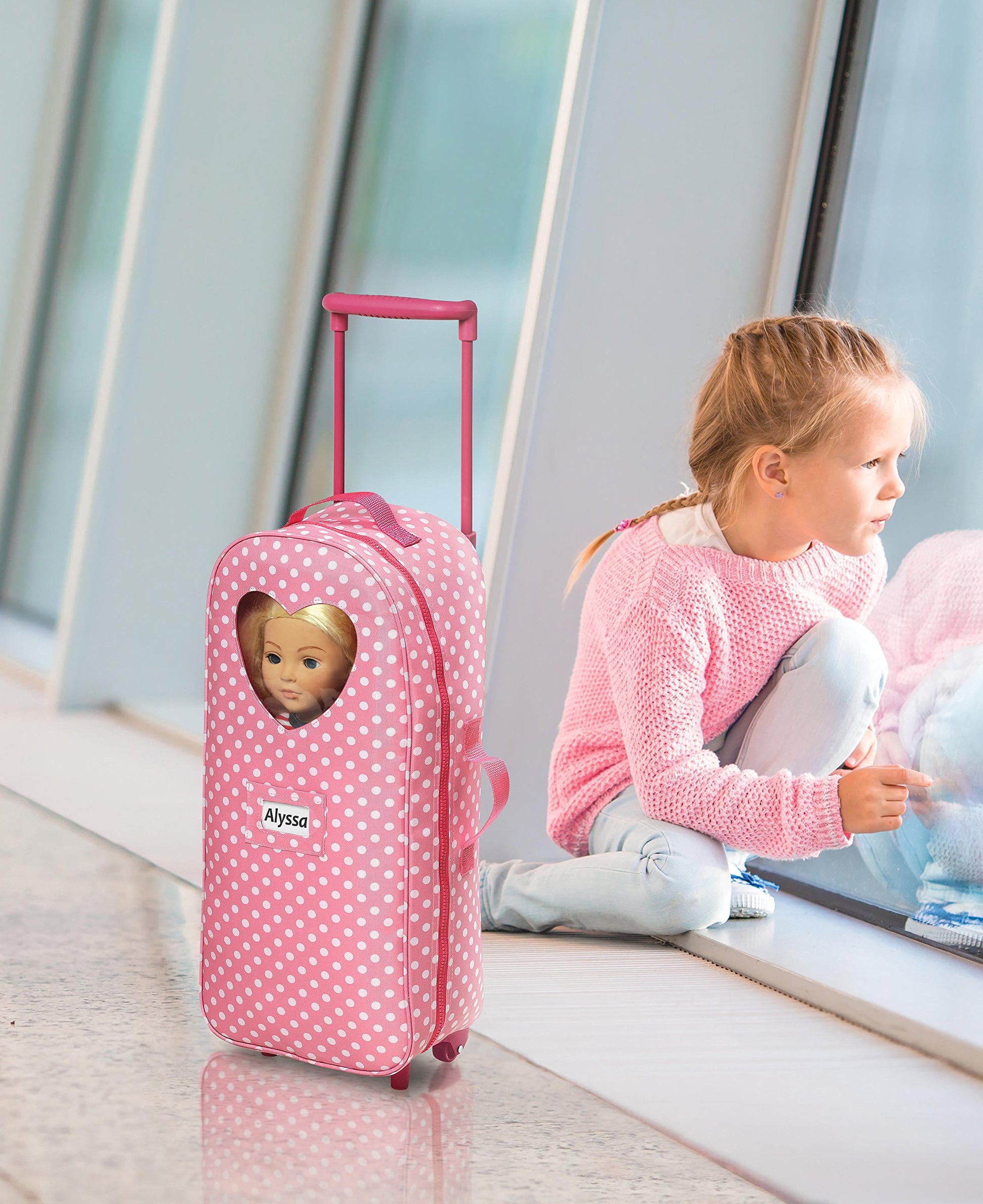 Badger Basket 3-in-1 Trolley Doll Carrier with Rocking Bed and Bedding - Adorable Pink Polka Dot Design for 18-Inch Dolls