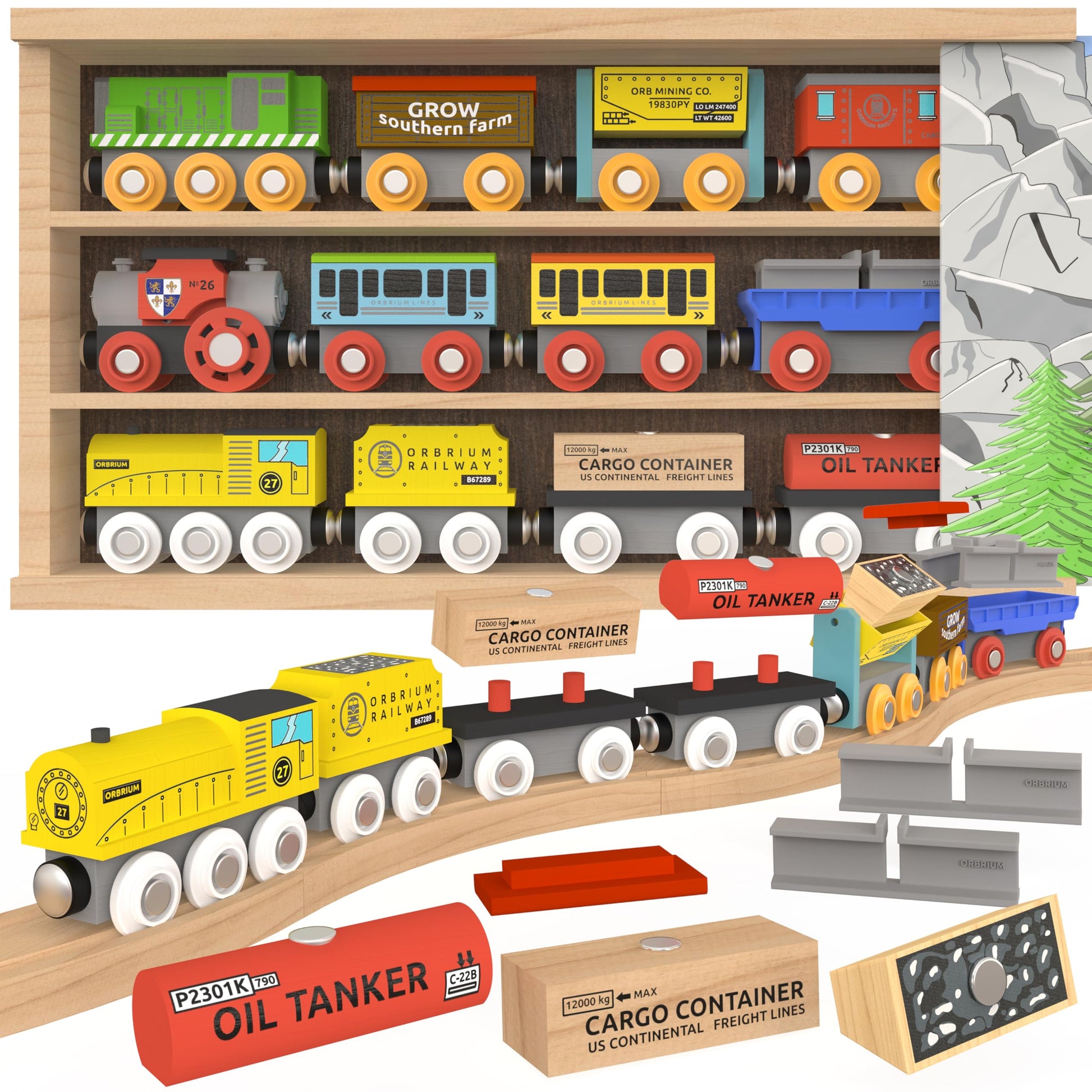 Wooden Train Set 12 PCS Magnetic Toy Train Cars with Storage Box Cover Tunnel Compatible with Thomas Brio Melissa and Doug Wooden Railway Toys