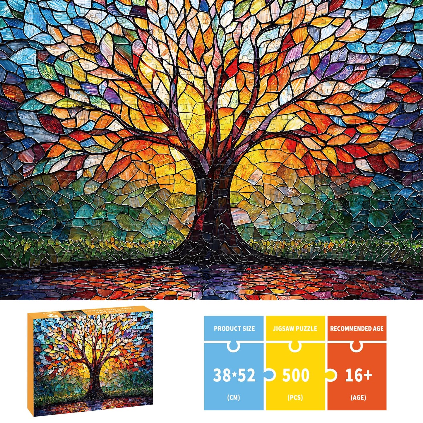 Puzzles for Adults 500 Pieces, Stained Glass Jigsaw Puzzles - Tree of Life, Impossible Tree Puzzle, Finished Size 20.47 * 14.96”, with 1:1 Poster