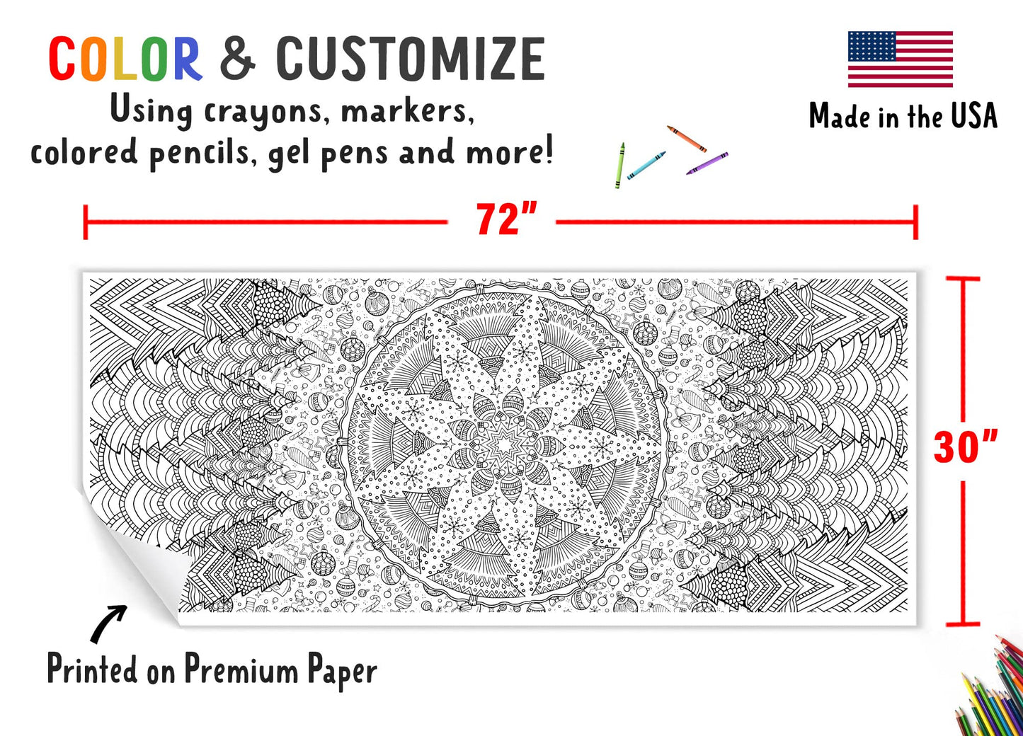 Tiny Expressions - Jumbo Christmas Mandala Coloring Poster - Rolled, No Creases 72" x 30" Coloring Paper for Teens or Adults - Giant Wall Art Craft