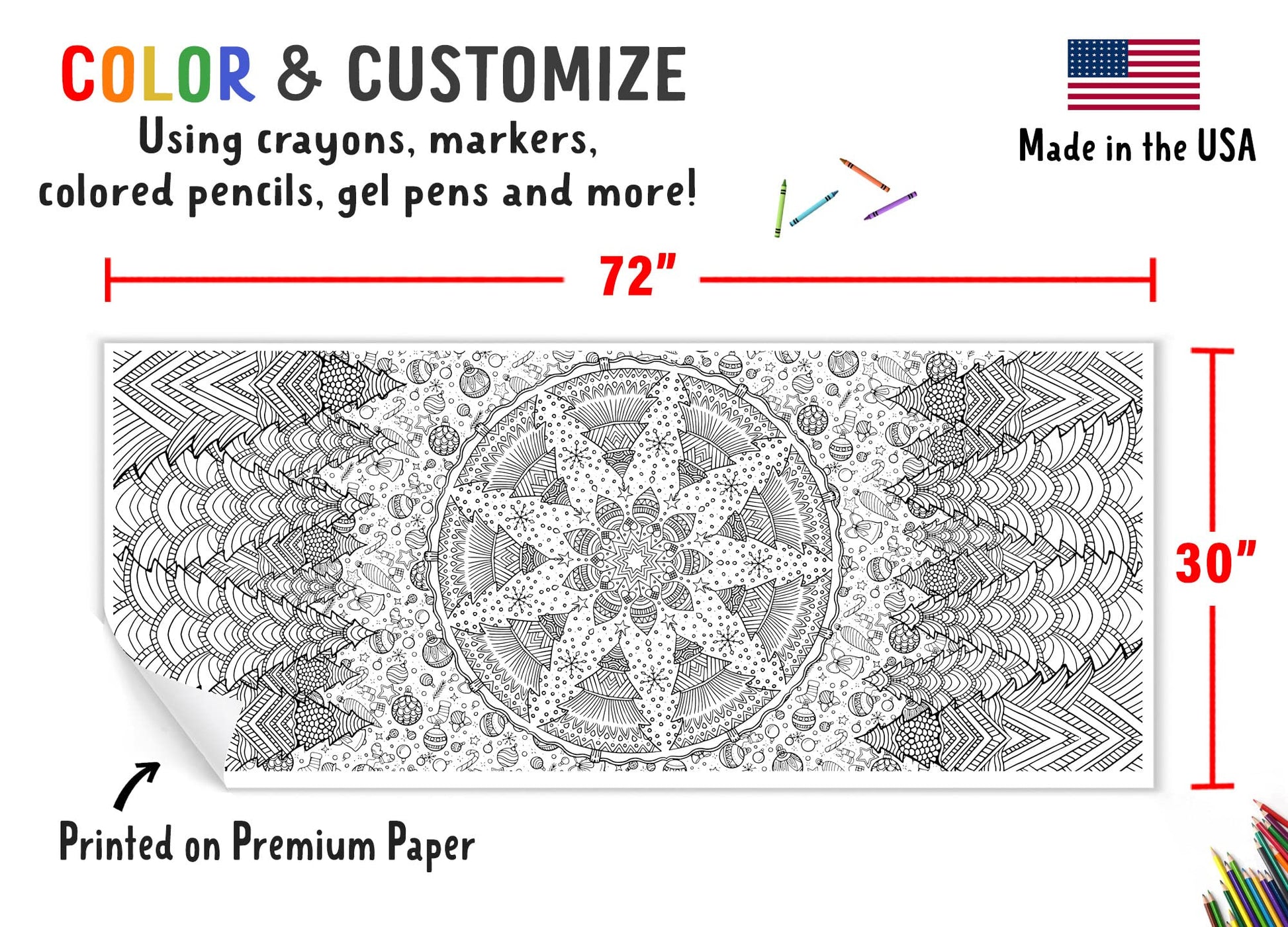 Tiny Expressions - Jumbo Christmas Mandala Coloring Poster - Rolled, No Creases 72" x 30" Coloring Paper for Teens or Adults - Giant Wall Art Craft