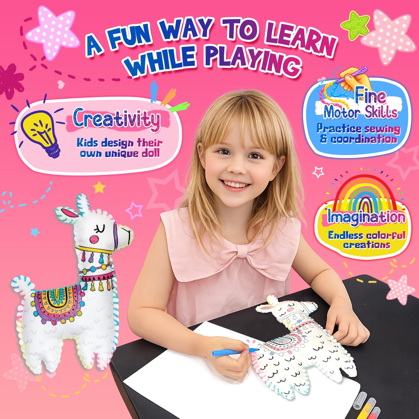 Llama Sewing Kit for Kids Ages 6+, Make Your Own Plush Toy Cute Friends, DIY Coloring & Stuffed Animals Craft Kits, Arts and Crafts for Beginner