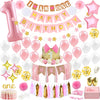 1st Birthday Girl Decorations WITH Birthday Crown- Baby First Birthday Decorations Girl - Pink and Gold Party Supplies - One Balloon, Heart