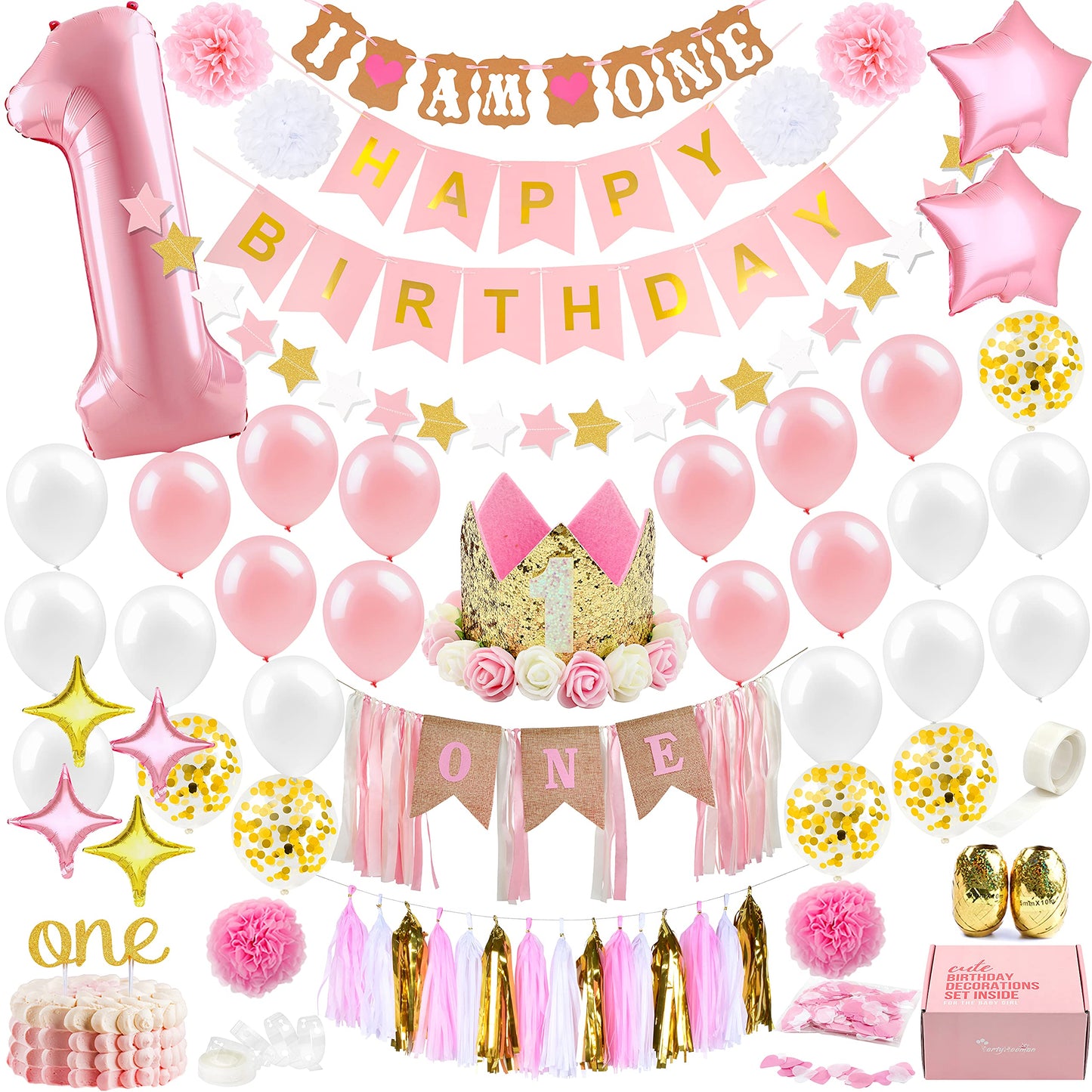 1st Birthday Girl Decorations WITH Birthday Crown- Baby First Birthday Decorations Girl - Pink and Gold Party Supplies - One Balloon, Heart