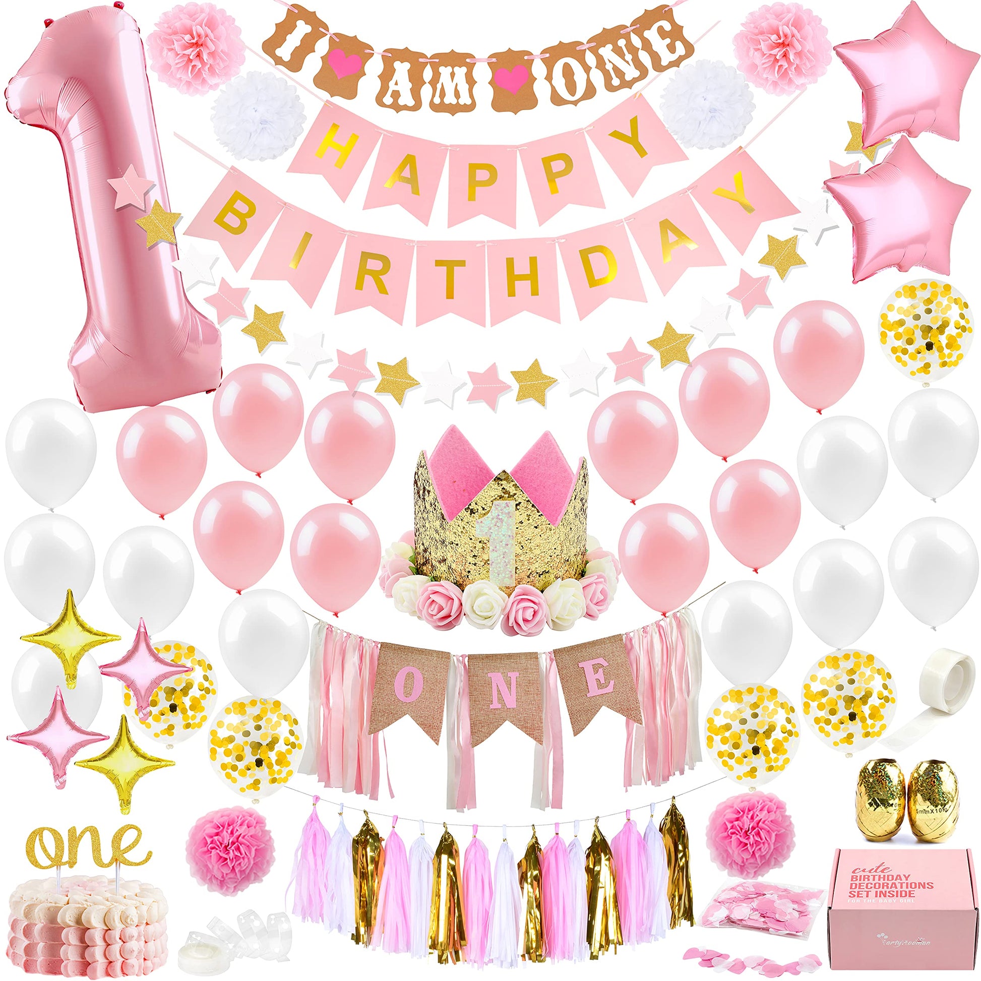 1st Birthday Girl Decorations WITH Birthday Crown- Baby First Birthday Decorations Girl - Pink and Gold Party Supplies - One Balloon, Heart