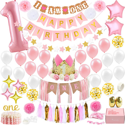 1st Birthday Girl Decorations WITH Birthday Crown- Baby First Birthday Decorations Girl - Pink and Gold Party Supplies - One Balloon, Heart