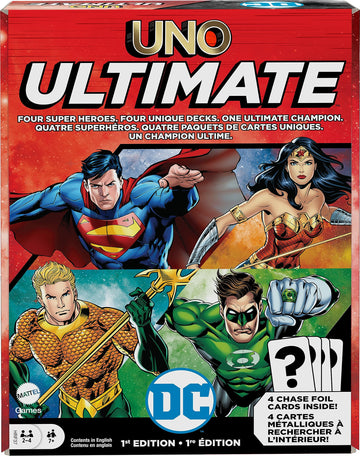 Mattel Games UNO Ultimate DC Card Game for Kids, Fans, Adults & Familiy Night with 4 Character Decks, 4 Collectible Foil Cards & Special Rules