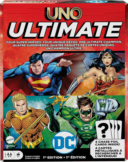 Mattel Games UNO Ultimate DC Card Game for Kids, Fans, Adults & Familiy Night with 4 Character Decks, 4 Collectible Foil Cards & Special Rules