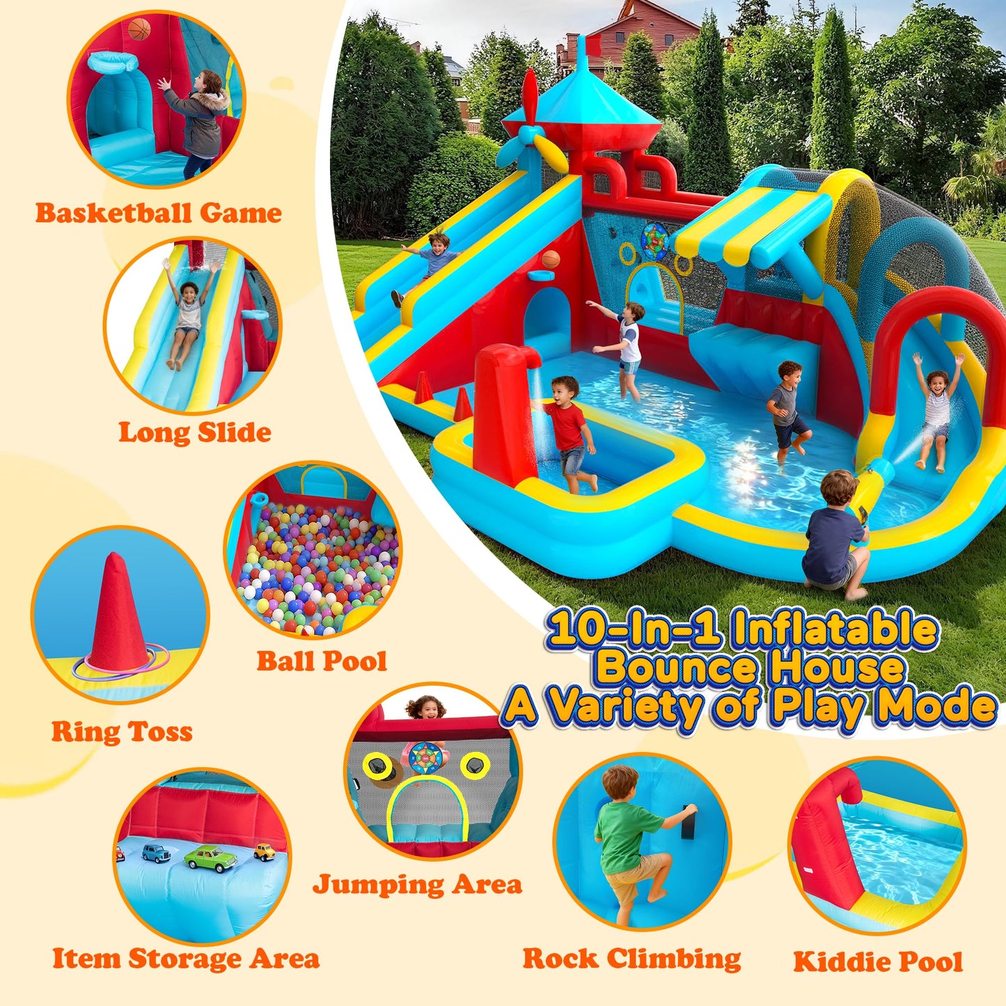 Inflatable Bounce House with 750W Blower, 10 in 1 Double Water Slide Bouncy Castle for Kids 3-10, Splash Pool, Water Gun, Climbing Wall, Toy Stand
