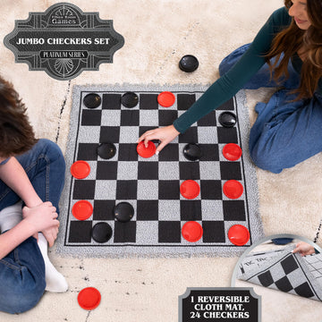 3-in-1 Vintage Giant Checkers Set, Tic Tac Toe with Reversible Mat, 24 Jumbo Chips, Family Board Game, Lawn Game, BBQ Party Favor, Indoor and Outdoor