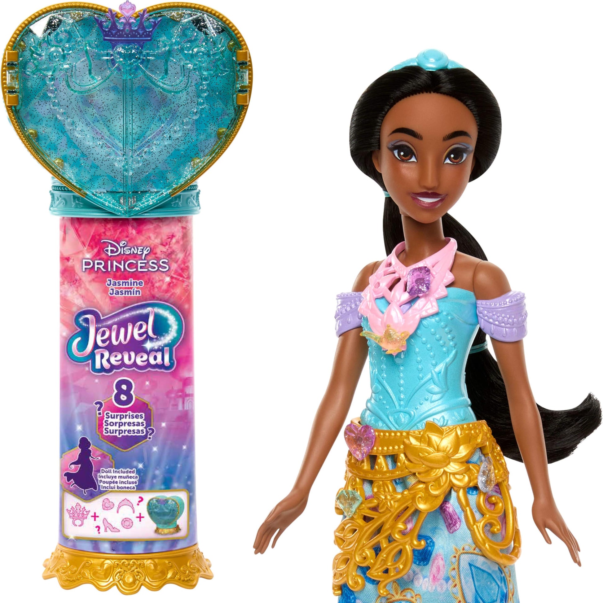 Mattel Disney Princess Jasmine Fashion Doll & Accessories with 8 Surprises, Including Heart Gem Box, Ring for Child & 9 Play Pieces, Inspired by Movie