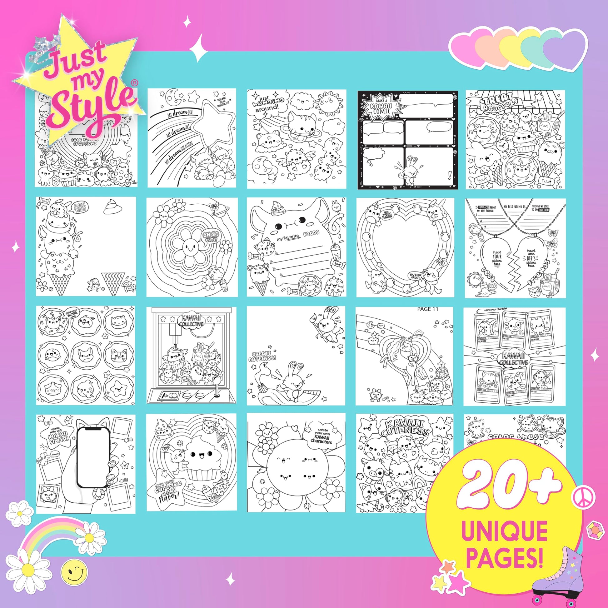 Just My Style 3D-Style Activity Book, 30 Pages of Coloring Activities, Includes Sticker, Glitter-Filled Pen, & Bonus Flower Keychain, Squishy 3D
