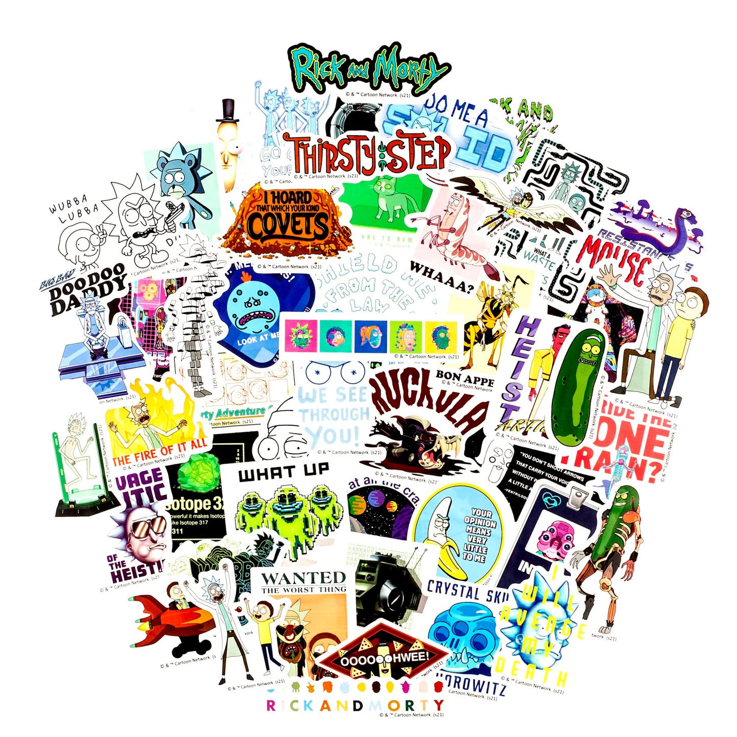 Conquest Journals Rick and Morty Sticker Bundle, 100 Unique Stickers, Officially Licensed, Waterproof, UV and Scratch Resistant