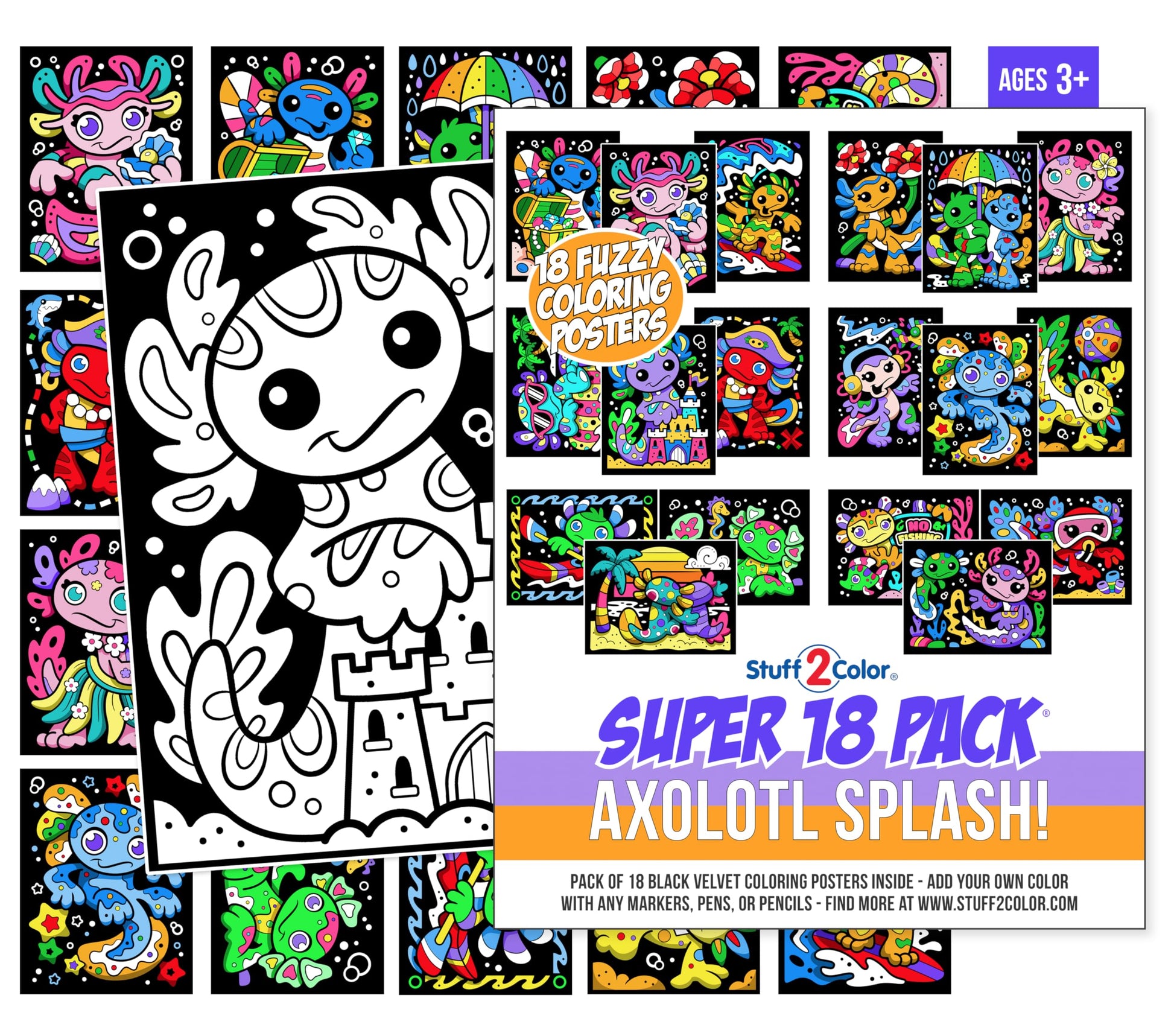 Stuff2Color Axolotl Splash! Fuzzy Velvet Coloring Posters - Super Pack of 18 Cute Axolotl & Ocean Animal Coloring Pages for Kids | Arts & Crafts