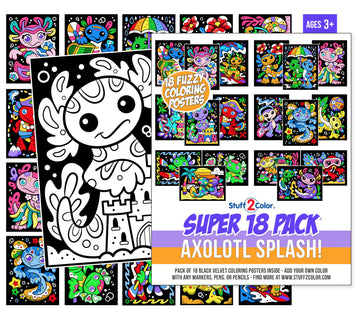 Stuff2Color Axolotl Splash! Fuzzy Velvet Coloring Posters - Super Pack of 18 Cute Axolotl & Ocean Animal Coloring Pages for Kids | Arts & Crafts