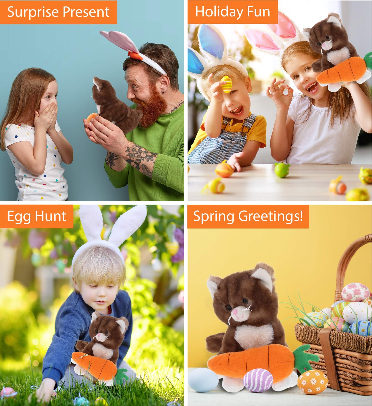 DolliBu Happy Easter Super Soft Plush Brown Cat with Carrot - Cute Stuffed Animals with Carrot Plush Toy, Perfect Easter Holiday Surprise Gift - 7"