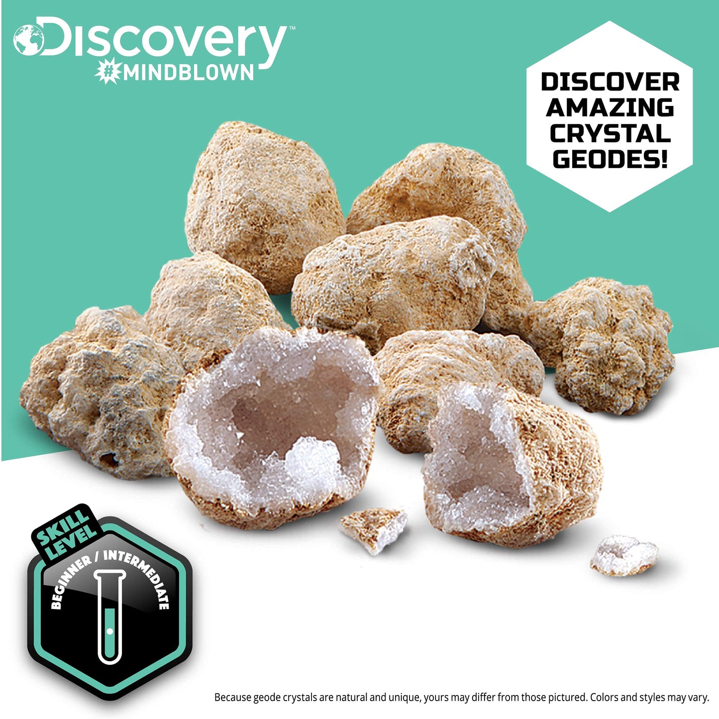 Discovery™ Mystery Crystal Geode Kit - Crack Open 10 Real Quartz Geodes| Includes Goggles, Magnifying Glass & Display Stands| Educational STEM Geology