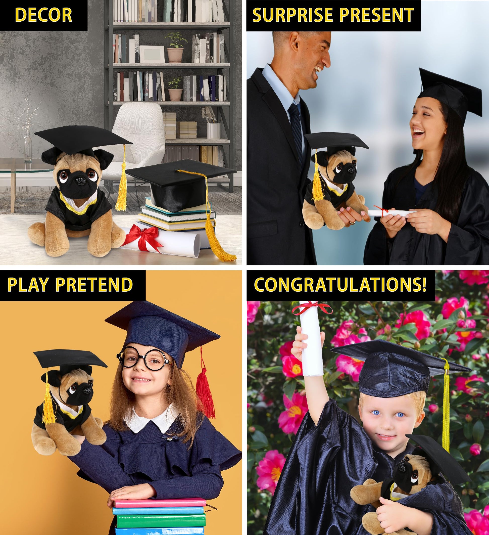 DolliBu Pug Dog Graduation Plush Toy - Super Soft Graduation Stuffed Animal Dress Up with Gown and Cap with Tassel Outfit - Gift with Personalization