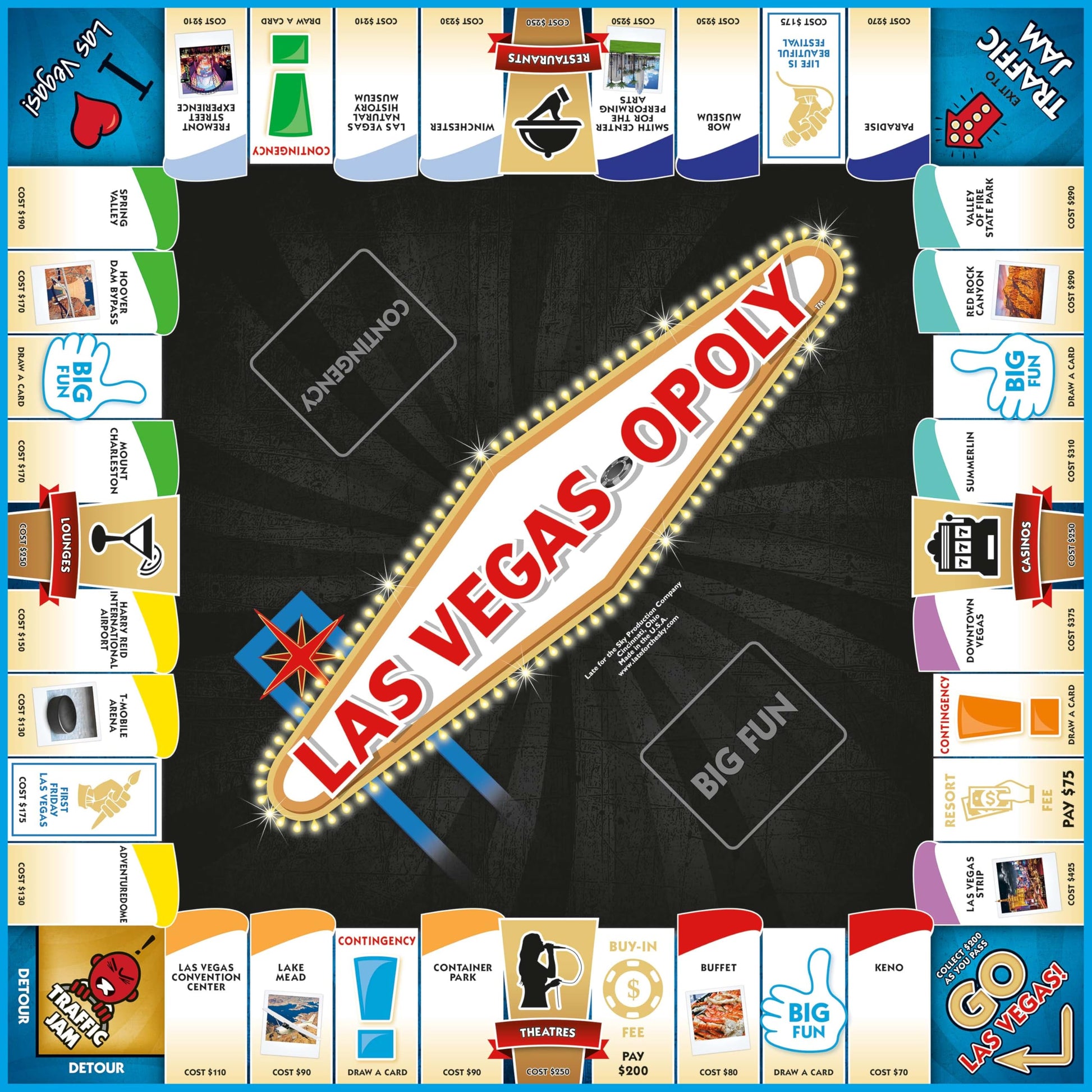 Late for The Sky Las Vegas-Opoly Property Trading Board Game - Vegas Theme Family Party Game for 2-6 Players Ages 8+, Tokens, Dice, Cards, City Blocks