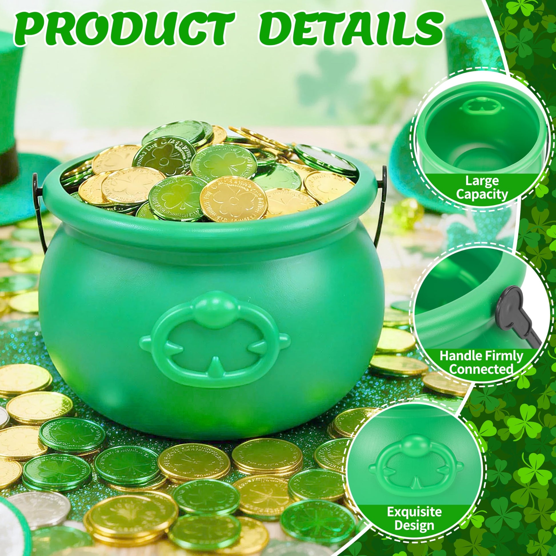 Hoplito 8 Inch St Patricks Day Green Pot with 120 Green & Gold Plastic Lucky Coins Candy Bucket Reusable Pot for St Patrick's Day Decorations Irish