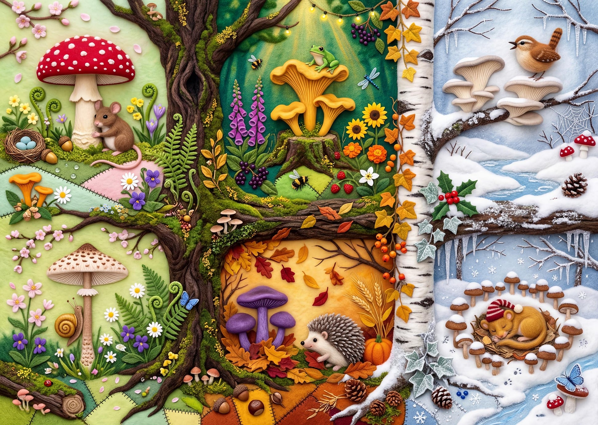 NiceGo 1000 Piece Jigsaw Puzzle for Adults - Enchanted Four Seasons Forest | Whimsical Felt Art Mushrooms, Hedgehog & Wildlife | 27.5"x19.7" |