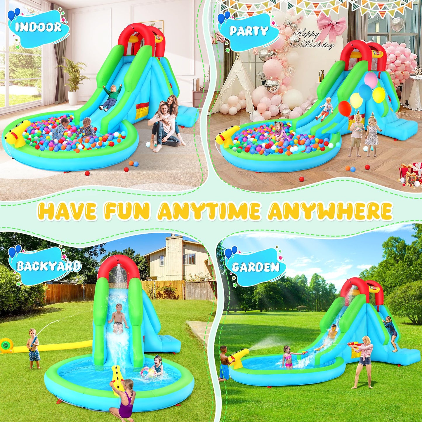 Whubefy Inflatable Water Slide Bounce House,13x8.3ft Blow Up Water Slide for Kids Backyard Water Park with Pool/Slide/Climbing Wall/Water Cannon, Hold