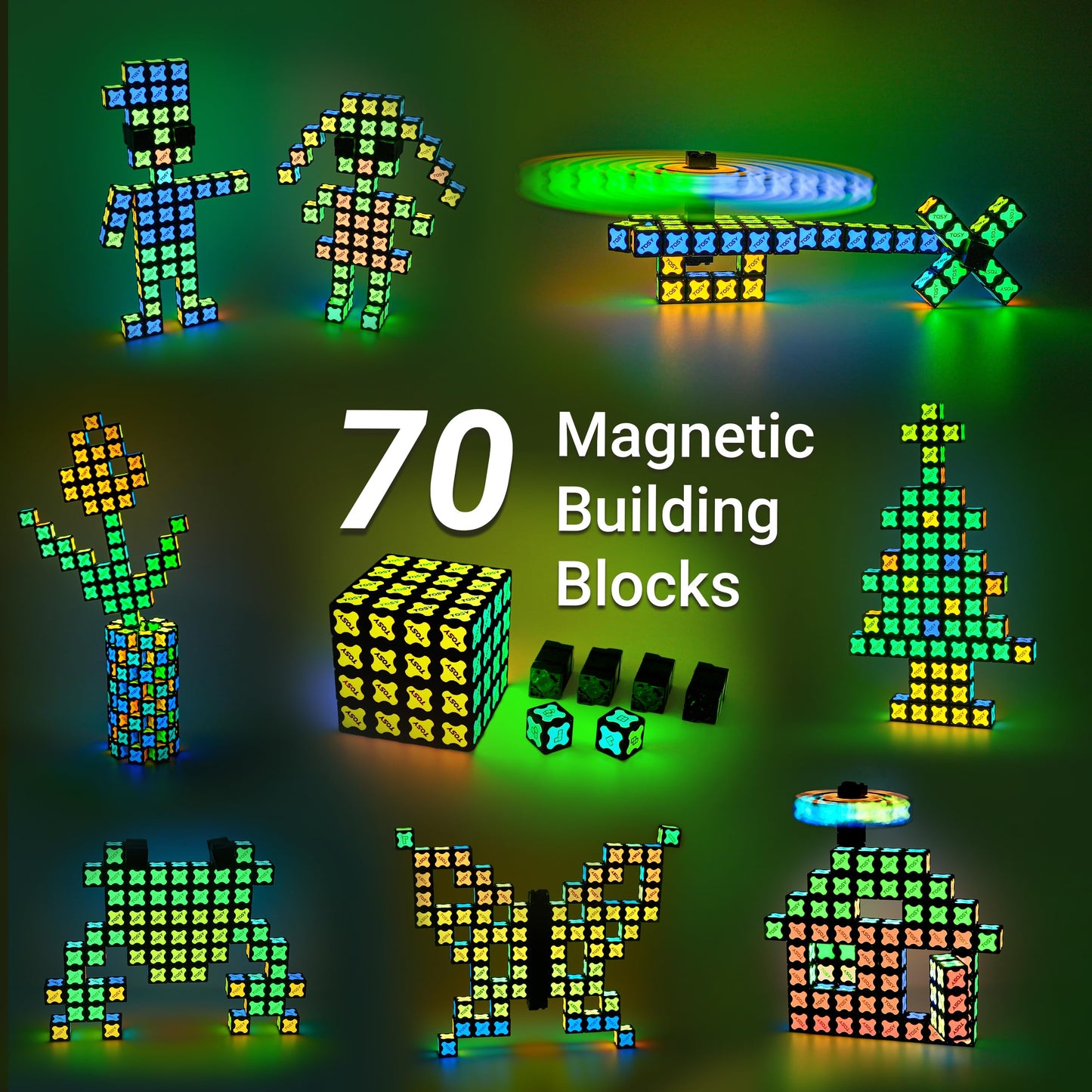 TOSY Magnet Cube 4x4 - 560 Magnets, 70 Blocks, 8 in 1 Toy: Puzzle Cube Game, Creative Building Blocks, Transformable Fidget Spinner, Infinity Cube