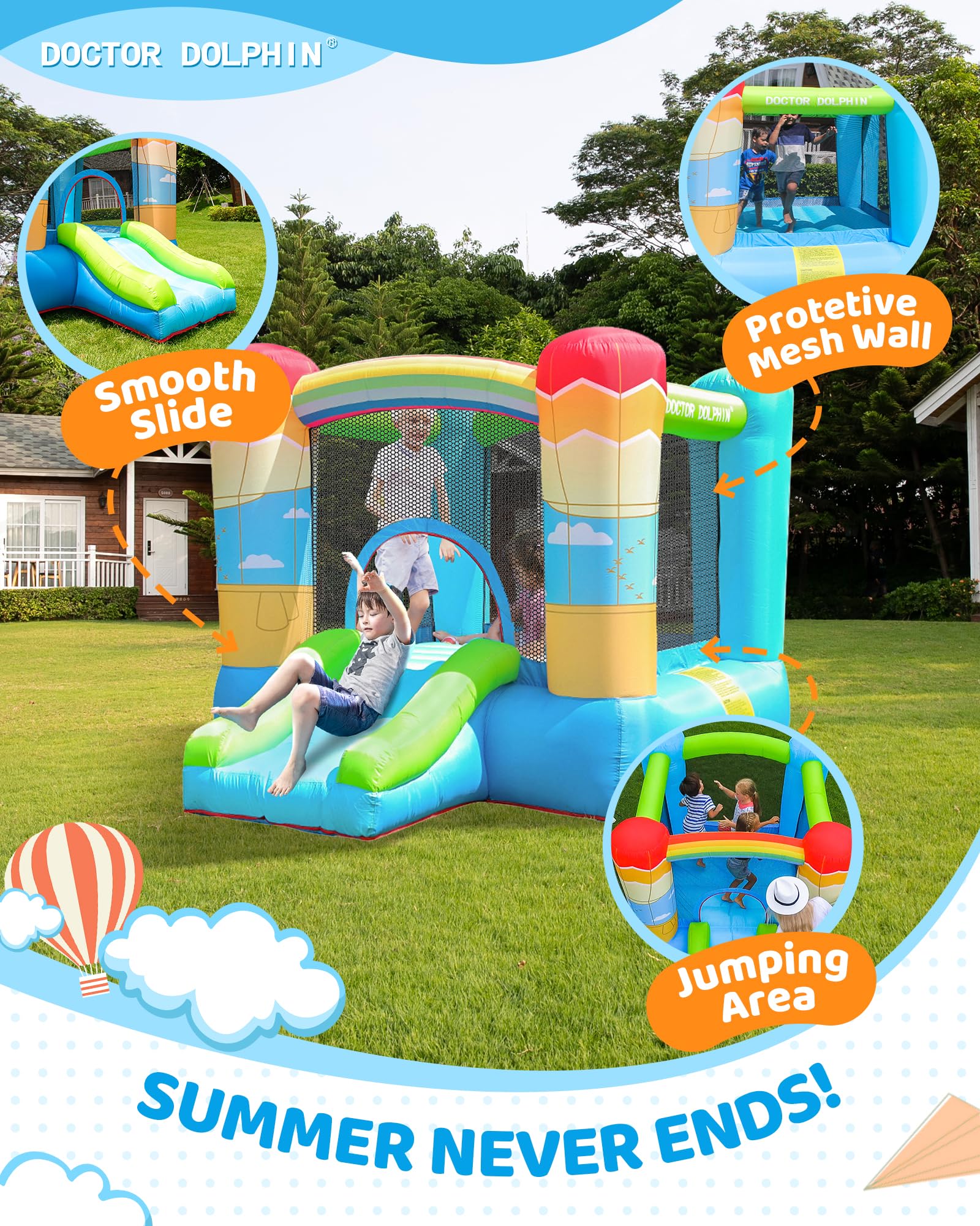 Doctor Dolphin Inflatable Bounce House for Kids, Bouncy House with Blower Indoor Outdoor, Inflatable Bouncer for Kids Party (Hot-air Balloon Theme)