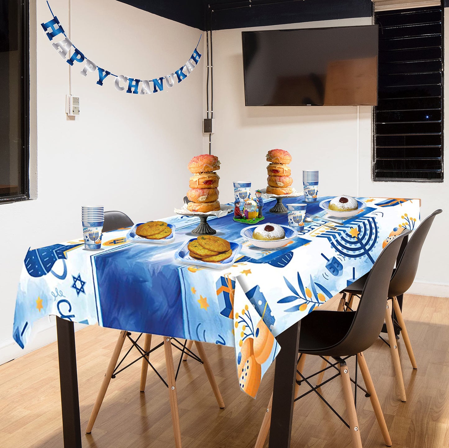 Izzy 'n' Dizzy Hanukkah Tablecloth Plastic - Hanukkah Paper Goods - 55" x 92" - Blue and White Chanukah Themed Party Supplies