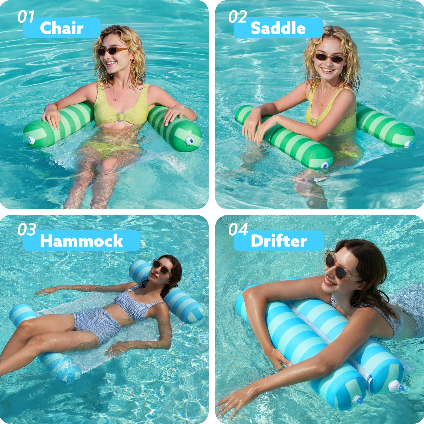 Sloosh 3 Pack Multi Purpose Swimming Pool Hammock, Inflatable Pool Floats for Outdoor, Beach, Water Lounges Pool Accessories (Saddle, Lounge Chair