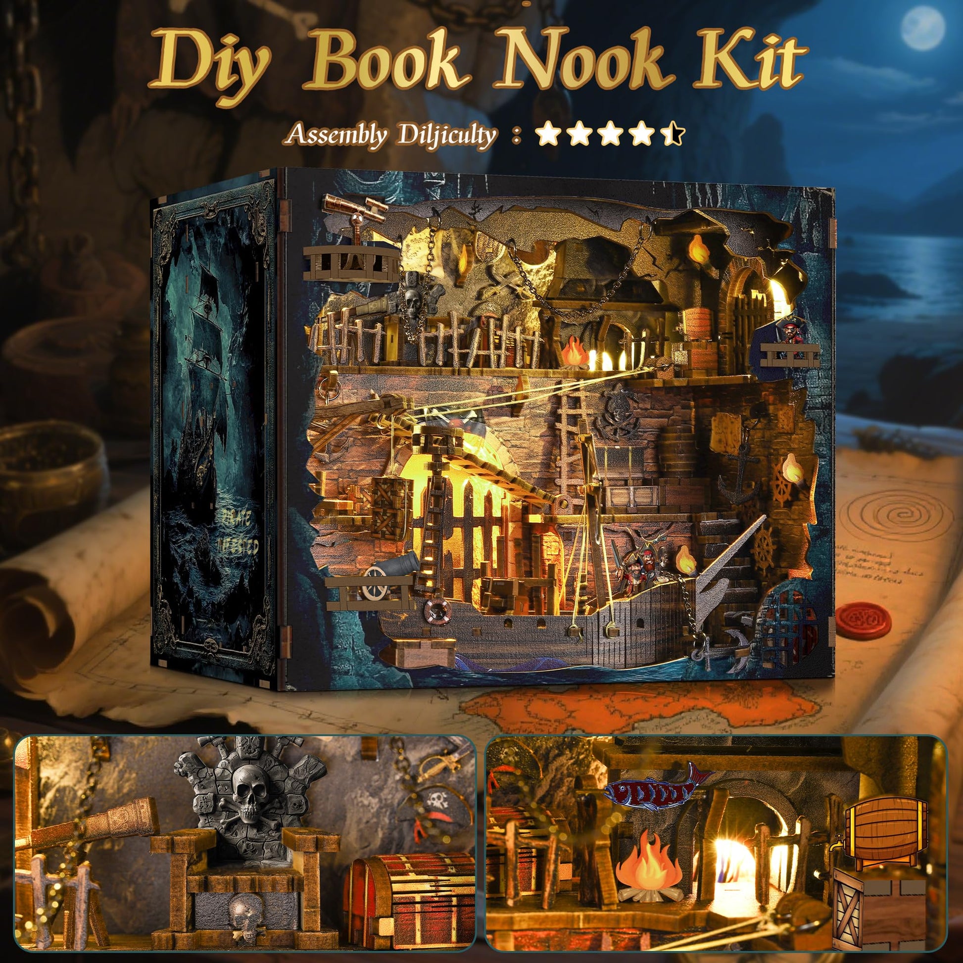 Pirate Book Nook Kit - DIY Miniature House Kit for Adults, Teens, Dollhouse Booknook Bookshelf Insert Decor with LED Light, 3D Wooden Puzzle Gifts