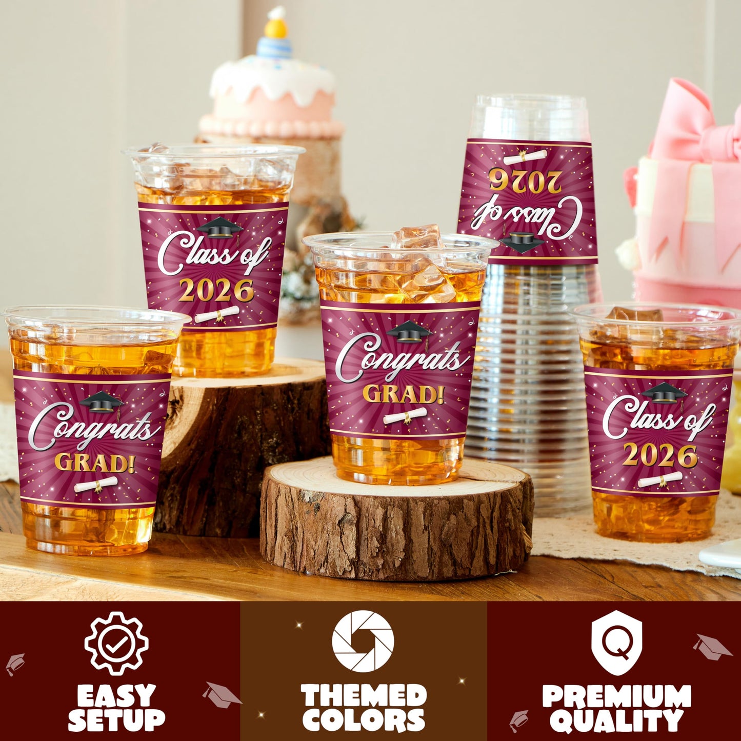 JOYIN 100 Pcs 16oz Graduation Party Plastic Cups (Maroon), Grad PET Cup Tableware Bulk for Class of 2026 Graduates, Disposable Cups for 2026 High