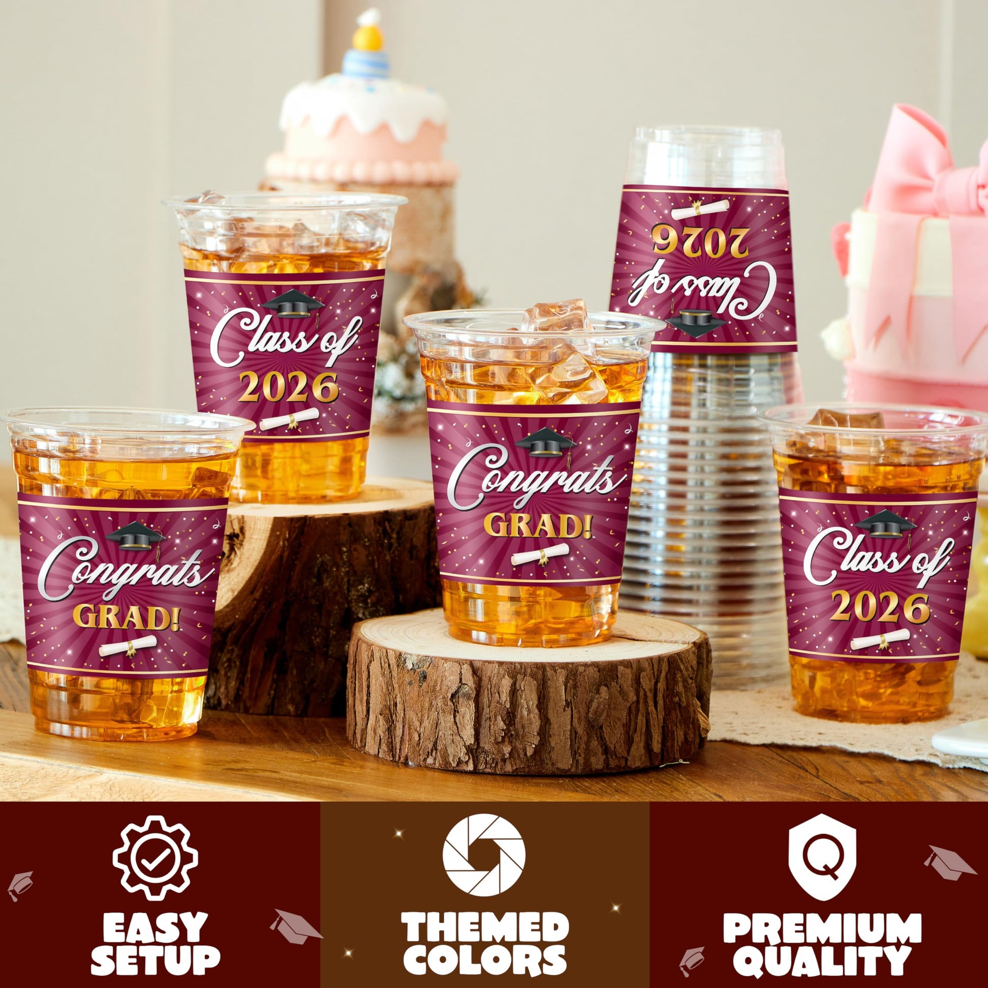 JOYIN 100 Pcs 16oz Graduation Party Plastic Cups (Maroon), Grad PET Cup Tableware Bulk for Class of 2026 Graduates, Disposable Cups for 2026 High