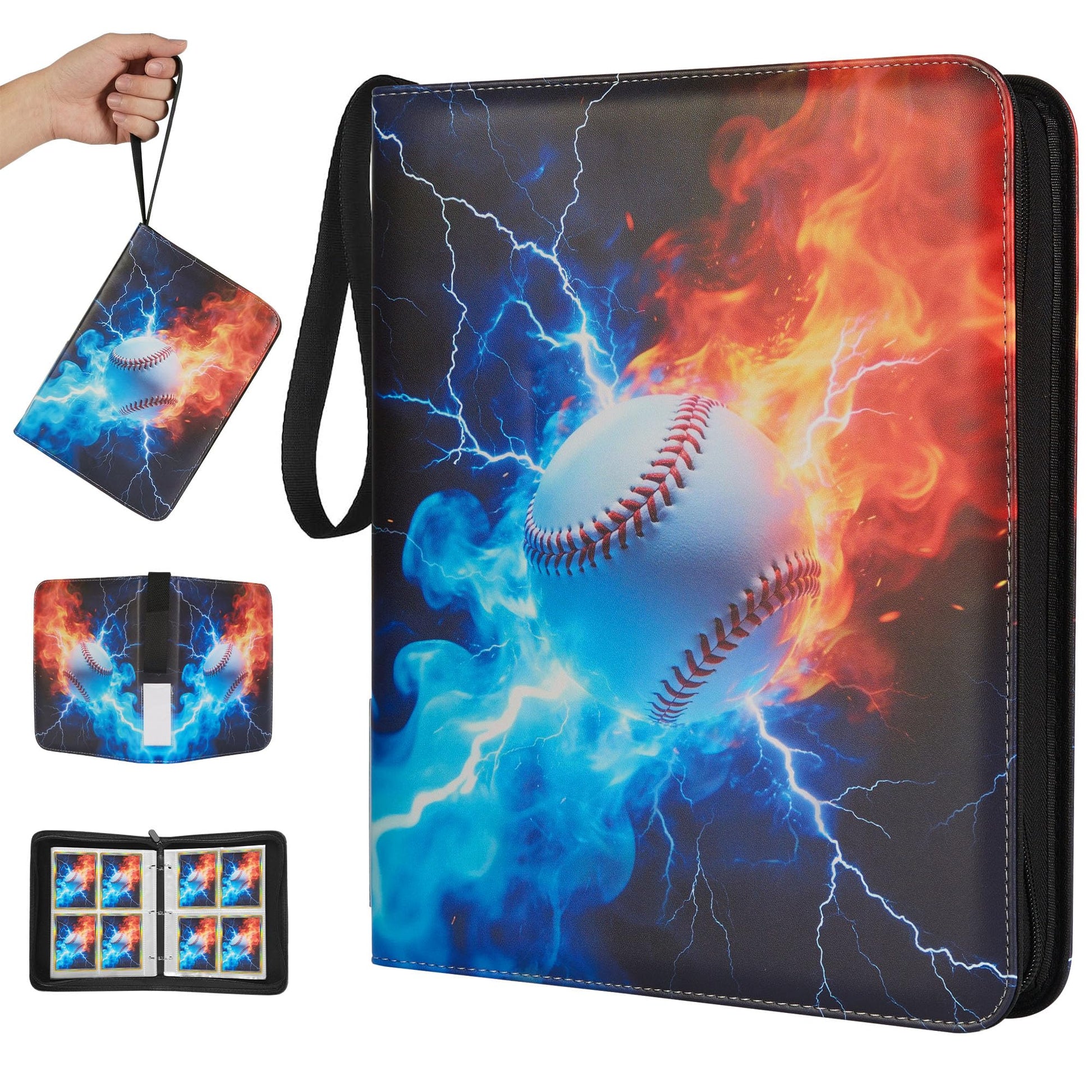 FLAIR GIFTS Baseball 4-Pocket Trading Card Binder with Zipper, Fits 400 Cards; PU Leather Collector Album for Pokemon, Sports Cards, TCG & Kpop