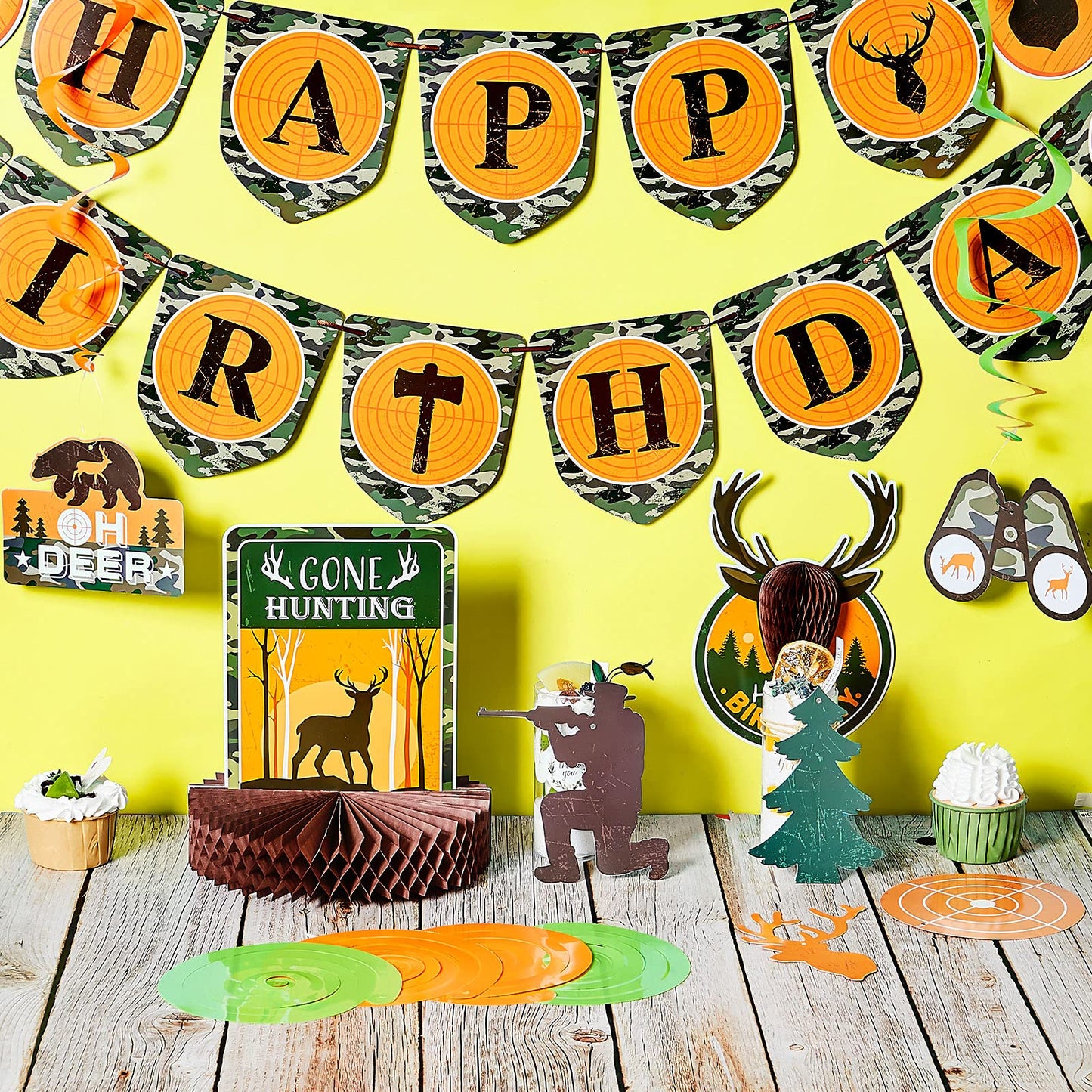 16 Pcs Hunting Birthday Party Decorations Camo Deer Hunting Birthday Decorations Include Banner Deer Table Centerpiece Honeycomb for Party Supplies