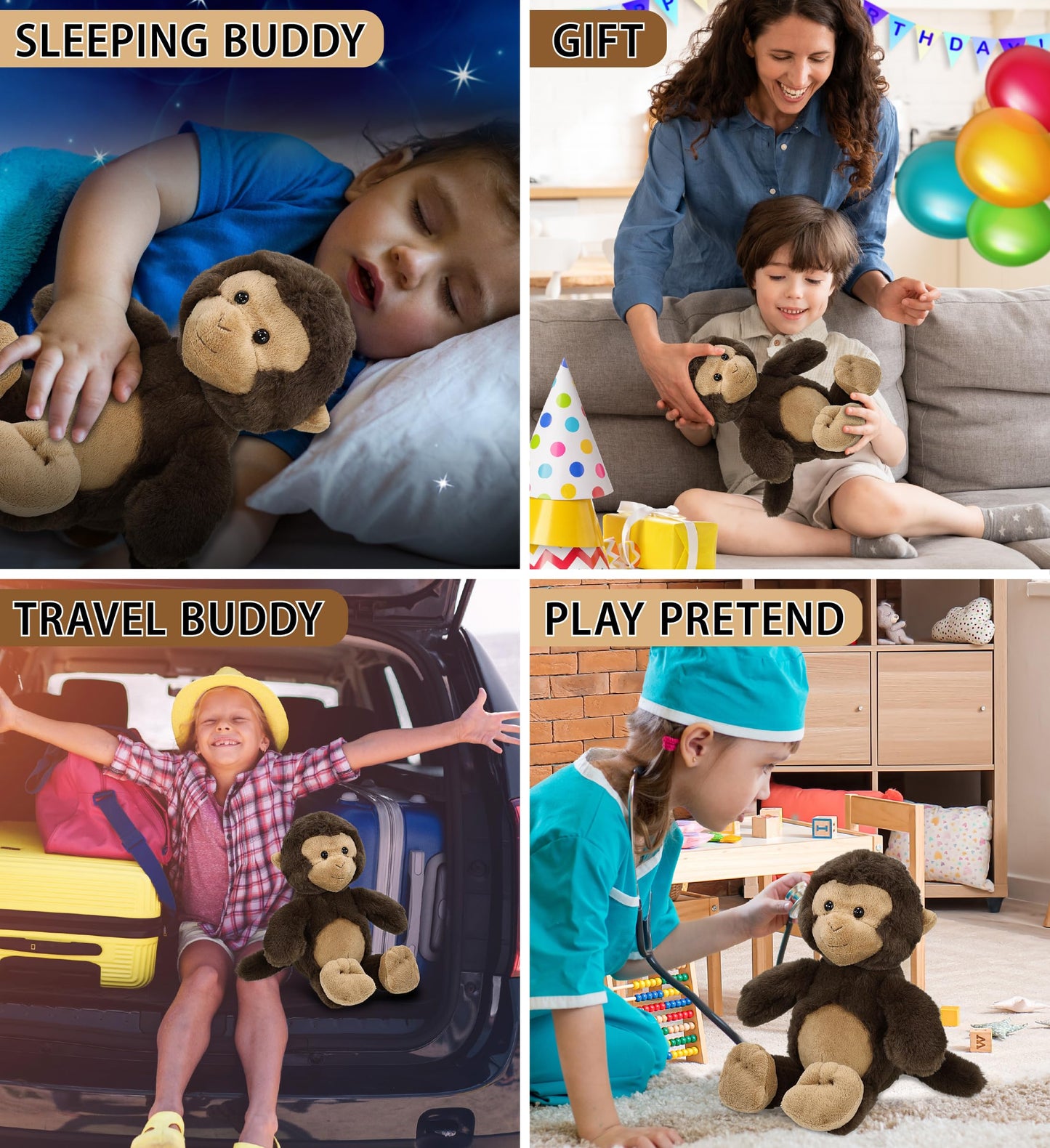 DolliBu Monkey Plush - Super Soft Stuffed Animal, Cute Brown Wildlife Plush, Adorable Fluffy Stuffed Toy for Boys and Girls, Stuffed Zoo Animal Gift