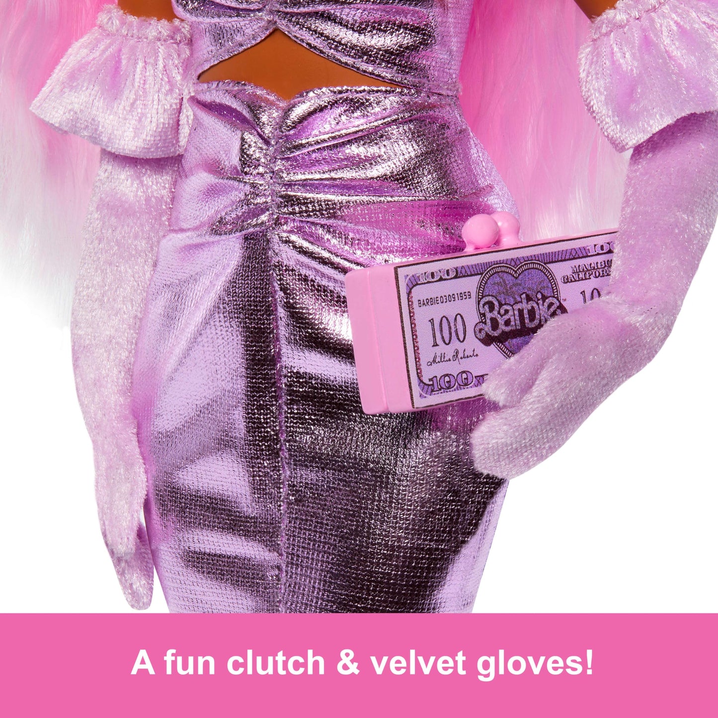 Barbie Deluxe Style Doll #1 in Barbiecore Outfit, Pink Hair and Glossy Pink Dress with Accessories Like Velvet Gloves, Money Purse, and More