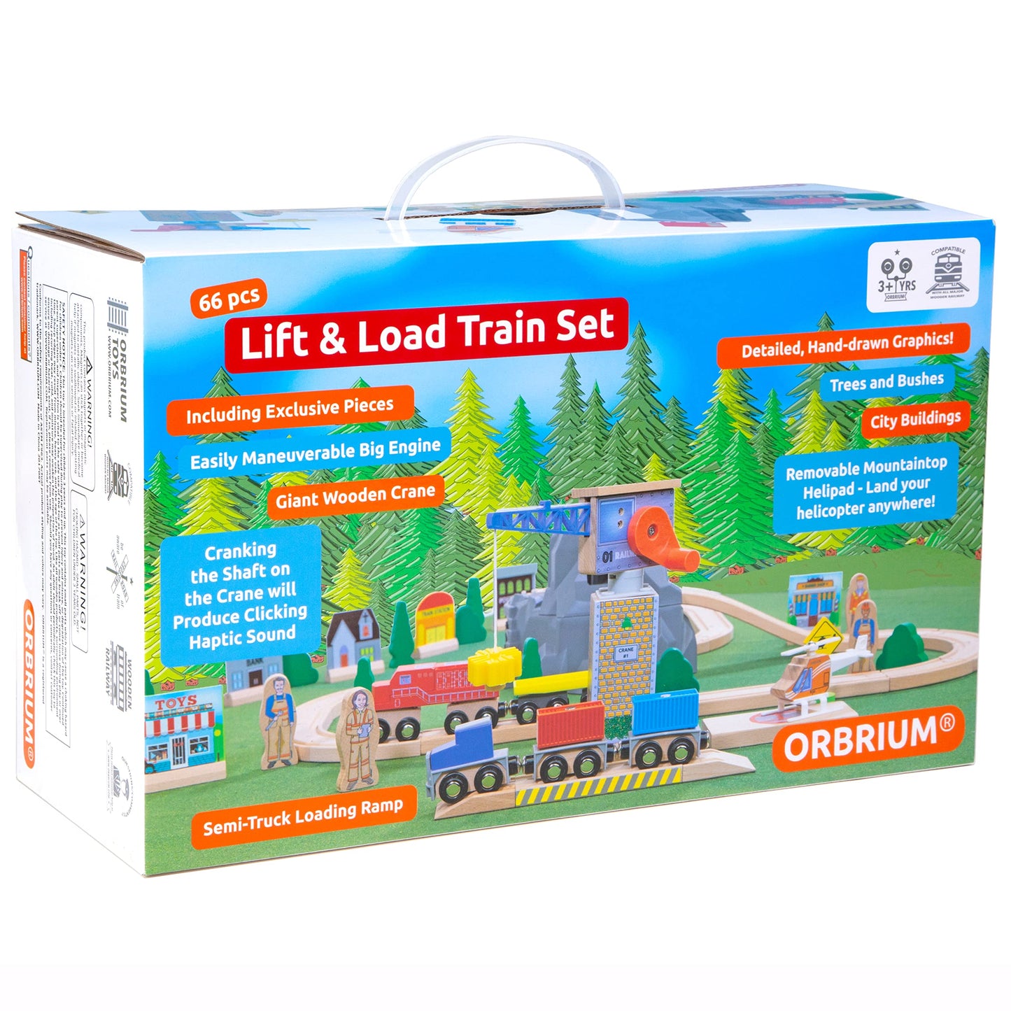 Wooden Train Set Kids Lift & Load Magnetic Crane Helicopter Semi Truck Shipping Containers Diesel Engine STEM Construction Playset Compatible