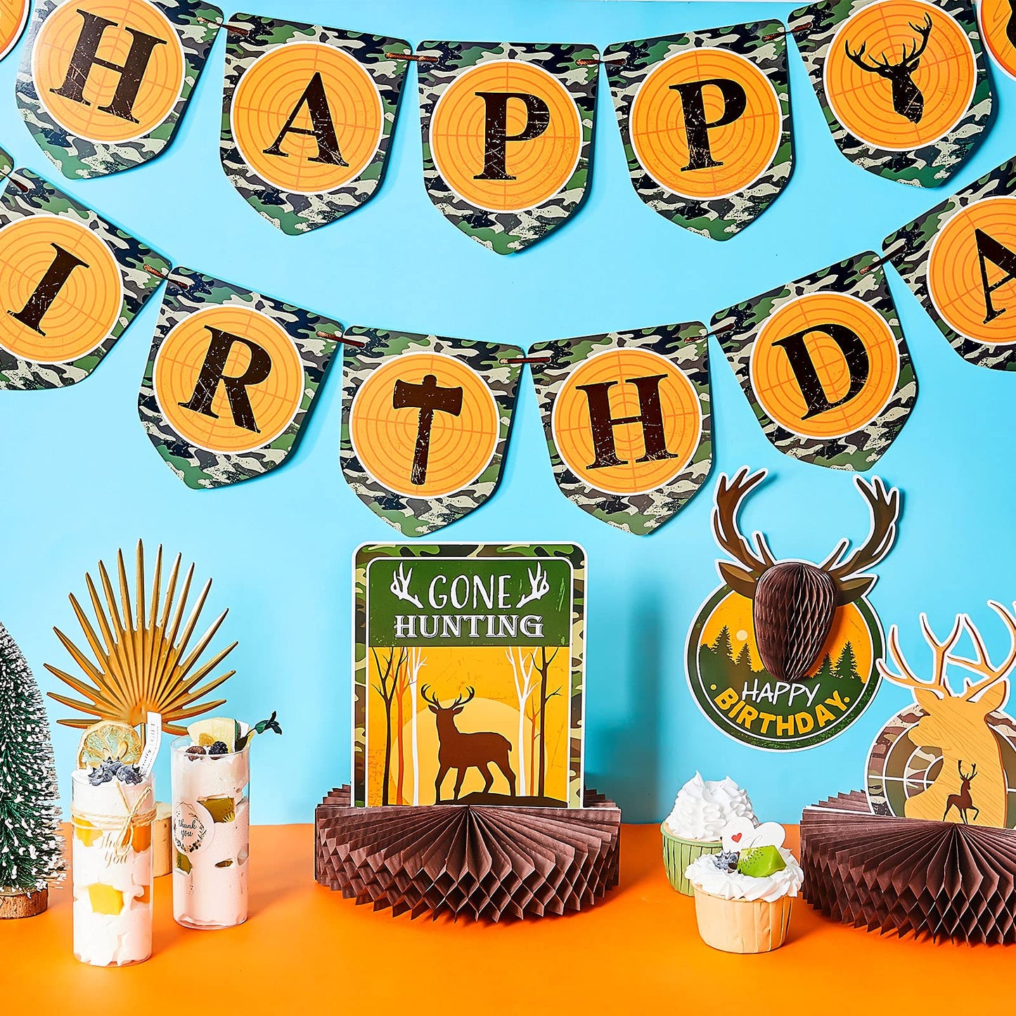 16 Pcs Hunting Birthday Party Decorations Camo Deer Hunting Birthday Decorations Include Banner Deer Table Centerpiece Honeycomb for Party Supplies