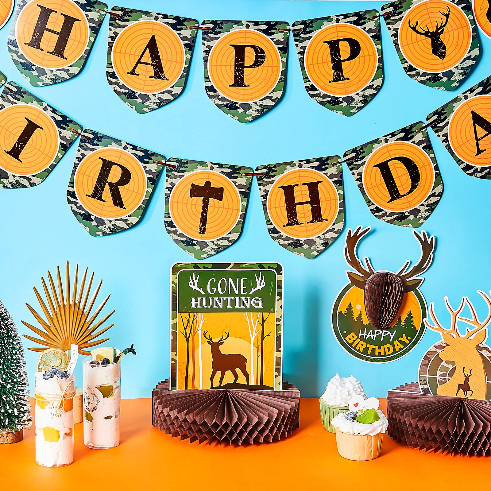 16 Pcs Hunting Birthday Party Decorations Camo Deer Hunting Birthday Decorations Include Banner Deer Table Centerpiece Honeycomb for Party Supplies