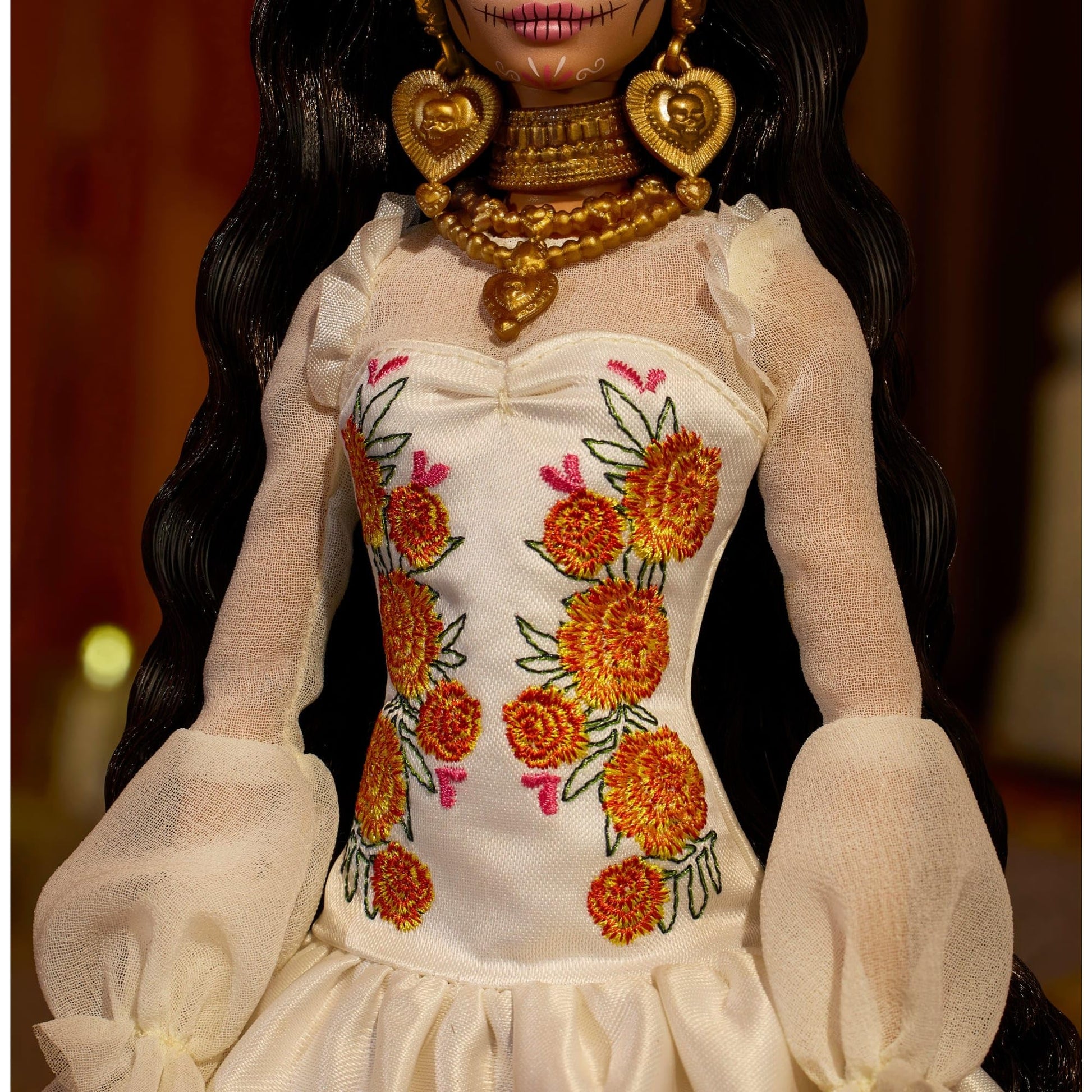 Barbie Signature Doll, Día De Muertos 2025 Collectible in Ruffled Cream Gown Trimmed with Marigolds and Ribbon, Flower Crown and Calavera Face Paint