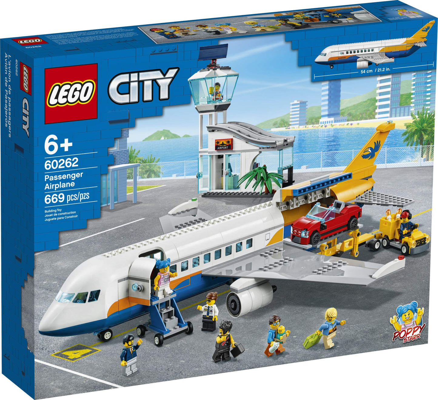 LEGO City Passenger Airplane 60262, with Radar Tower, Airport Truck with a Car Elevator, Red Convertible, 4 Passenger and 4 Airport Staff Minifigures,