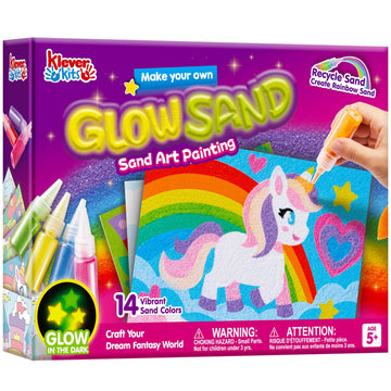 JOVA Klever Kits Glow Sand Art Kits for Kids, Glow in The Dark Sand Painting with 14 Colors, Kids Crafts, 6 Fantasy Templates & 4 DIY Sheets, Mess