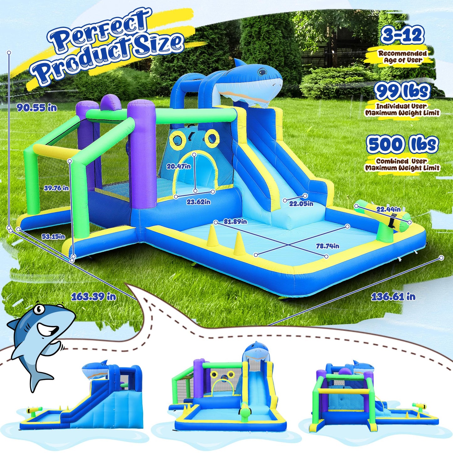 Leistooyfan 10-in-1 Shark Inflatable Bounce House for Kids with 450W Blower
