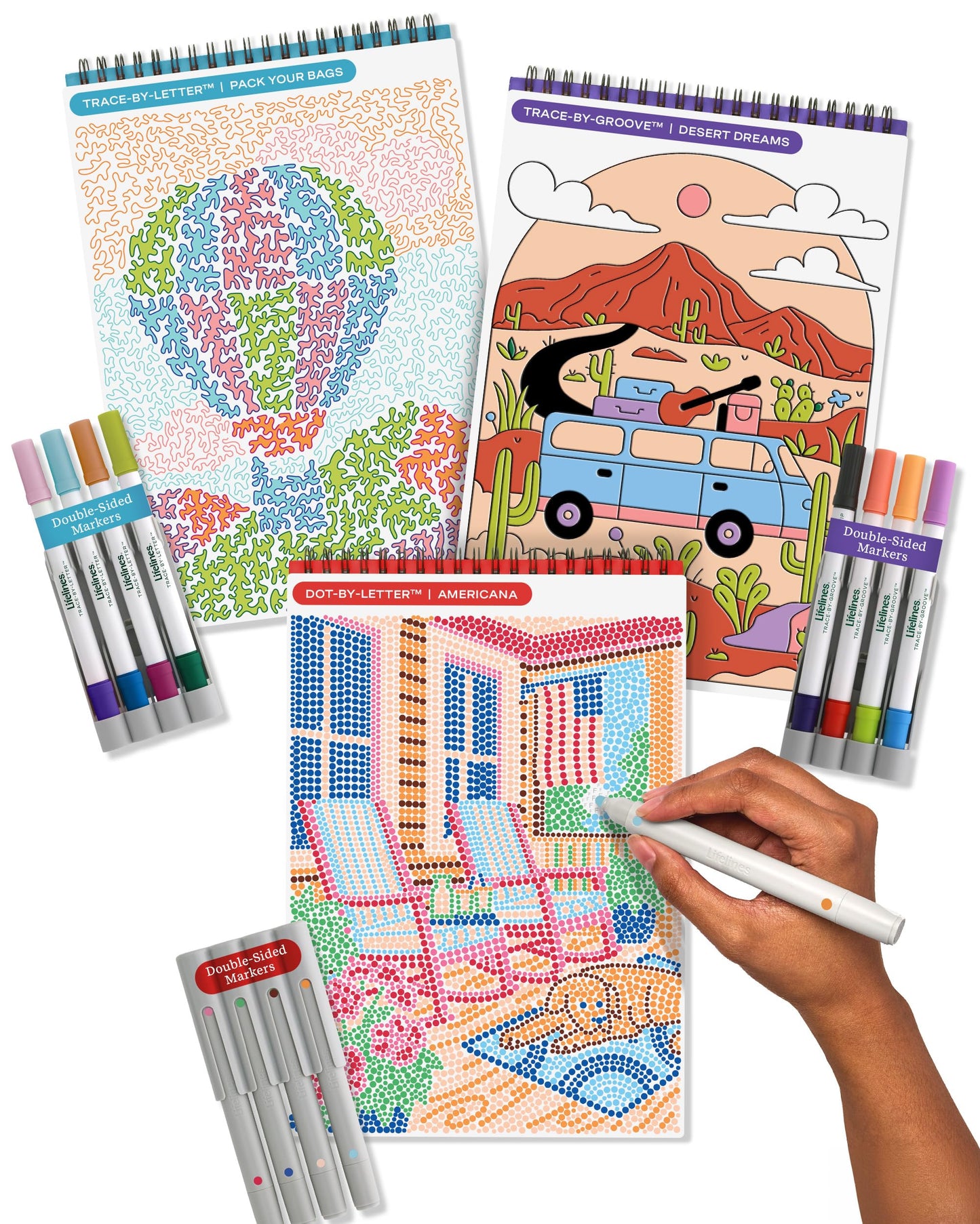Lifelines FlowArt Activity Pads, 3-Pack - Guided Dot & Trace Art Meditations with Markers - 12 Double-Sided Markers & 60 Scenes - Color by Number
