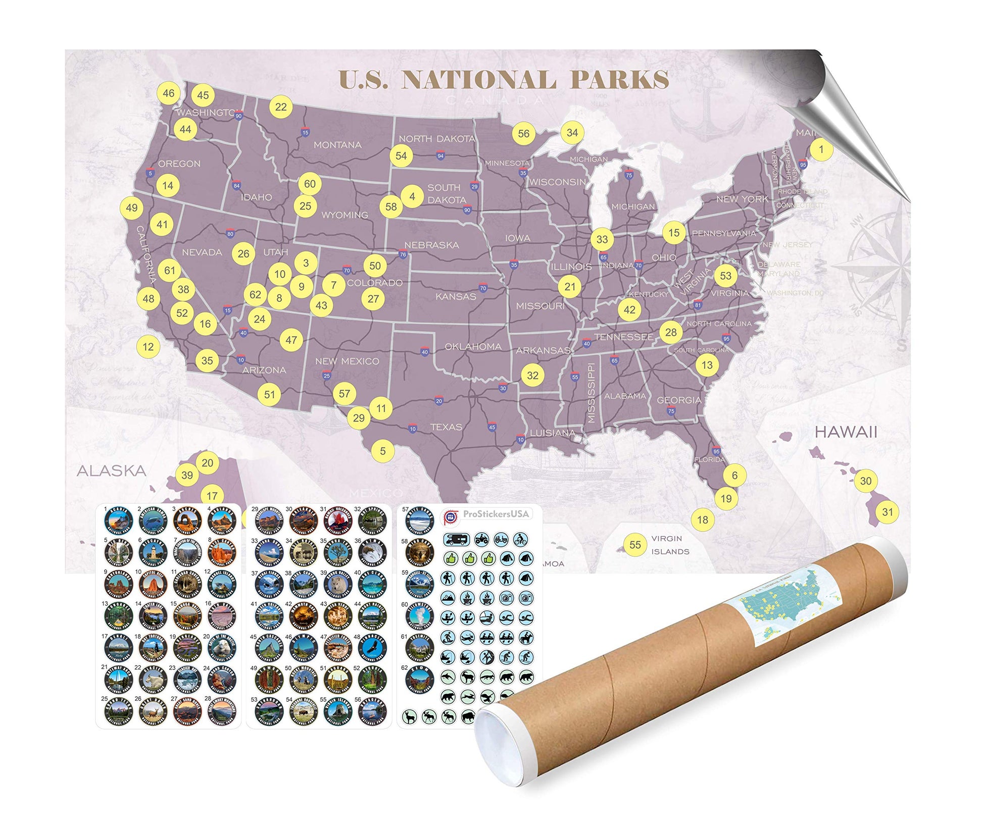 Collection 63 Stickers Set All US National Parks and Large Size Map of U.S. National Parks.17 x 27 inch with Tube Box.